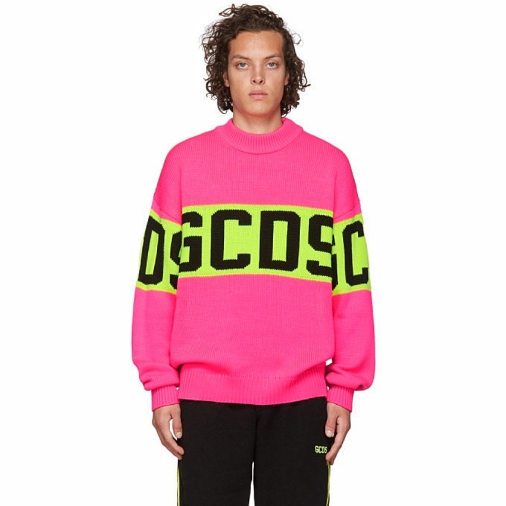 Neon Pink Crewneck Sweater with Lime Logo Band